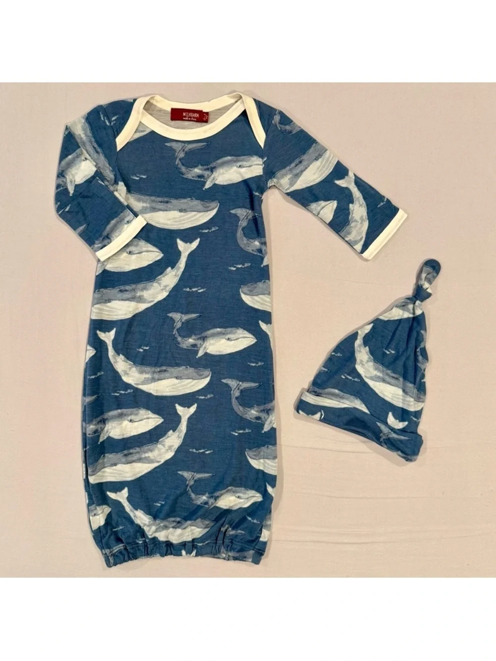 New Milkbarn Blue Whale Newborn Boys 0-3M Girls Gown & Hat Set Bamboo Layette